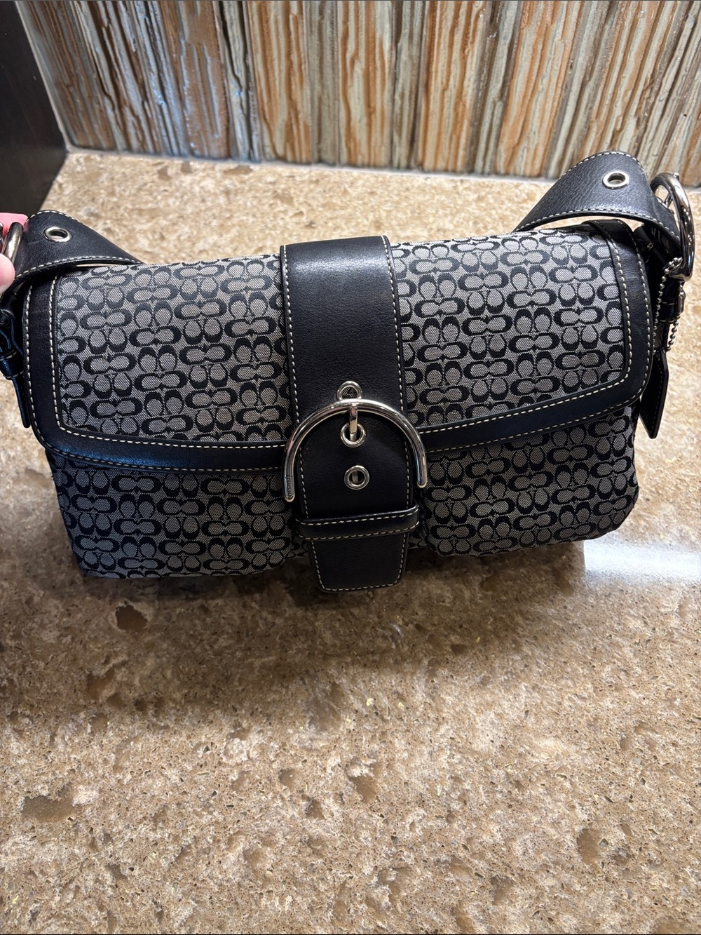 Coach Black and Gray SoHo Signature Silver Buckle/Accents Shoulder Bag Vintage